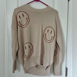 Boutique Beige Smiley Face Knit Sweater